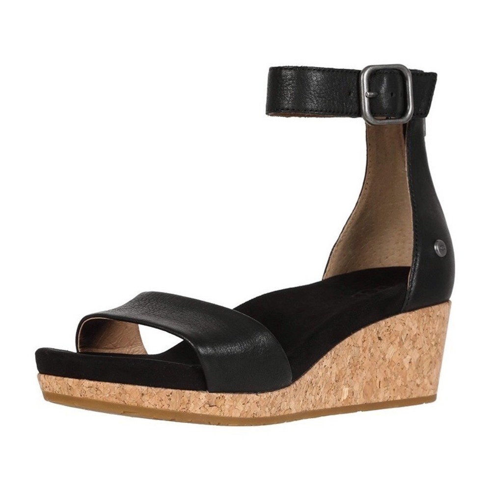 UGG Zoe II Black Leather‎ Cork Wedge Sandals Ankle Strap 101179V Size 9.5